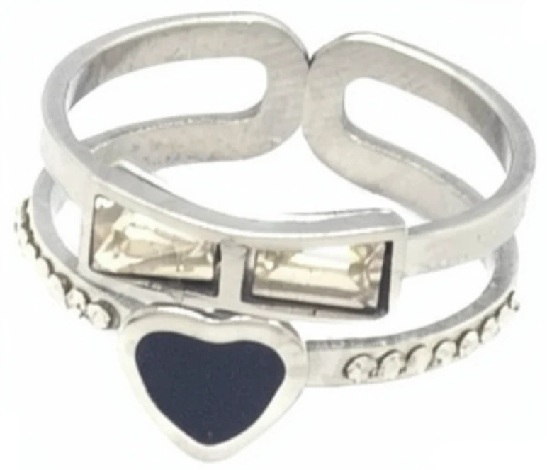 Anillo de acero quirurgico corazon negro con cubic y strasses
